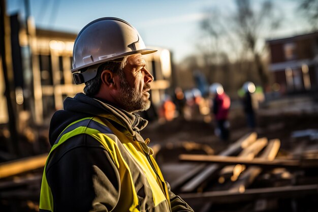 Foto bauarbeiter oder vorarbeiter, der aktivitäten auf einer baustelle beaufsichtigt