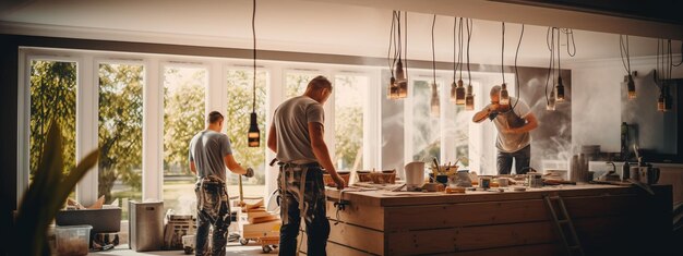 Foto bauarbeiter reparieren eine wohnung oder ein haus