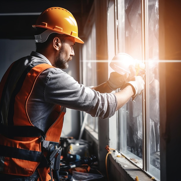 Bauarbeiter repariert ein Plastikfenster