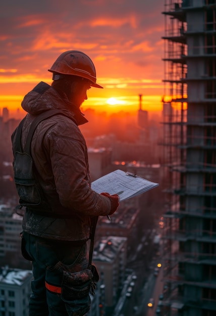 Bauarbeiter schaut sich die Baupläne im Hintergrund des Sonnenuntergangs an. Bau mit einem Mann, der beim Sonnenuntergang Notizen macht