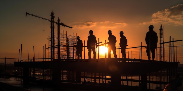 Bauarbeiter stehen bei Sonnenuntergang auf einer Baustelle.