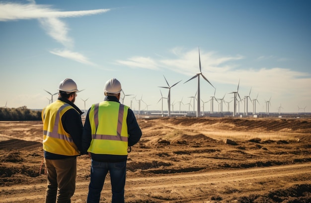 Bauarbeiter stehen vor Windkraftanlagen