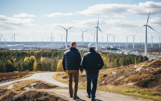 Bauarbeiter stehen vor Windkraftanlagen