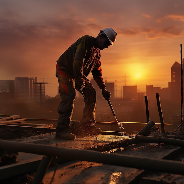 Bauarbeiter überwacht den Betongießprozess