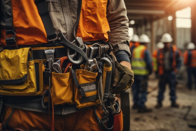 Bauarbeiter verwenden Sturzschutzgeräte mit Sicherheitsgürtelhaken