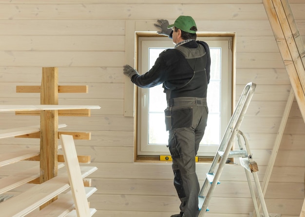 Bauarbeiter wärmeisolierendes Öko-Holzrahmenhaus