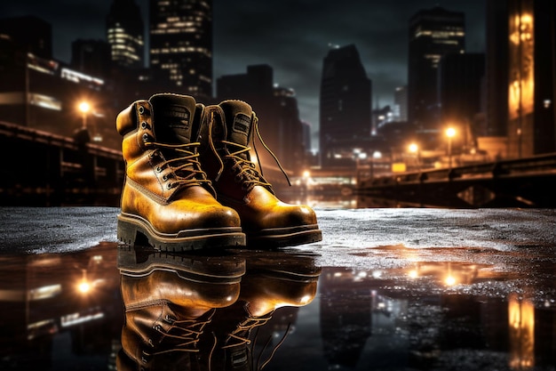Bauarbeiter39s Stiefel auf einem nassen Boden mit Baustelle im Hintergrund, die nachts beleuchtet ist