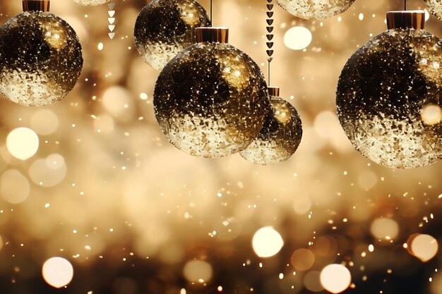 Foto baubles brilhantes pendurados em um fundo de confete dourado