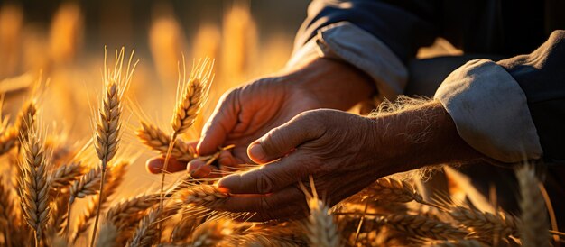 Bauer arbeitet in einem Weizenfeld Nahaufnahme männlicher Hände, die goldene Weizenähren berühren