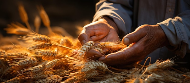 Bauer arbeitet in einem Weizenfeld Nahaufnahme männlicher Hände, die Weizen berühren