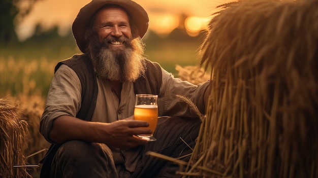 Bauer auf dem Feld hält Bier