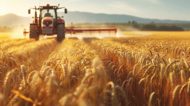 Bauer, der die Weizenernte mit dem Traktor auf dem Bauernhof bewässert