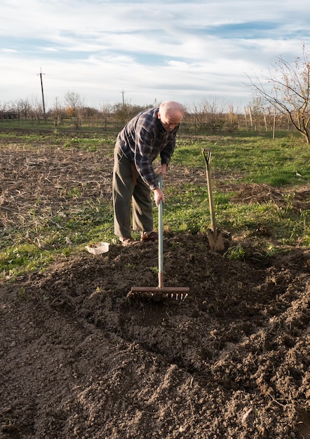 Bauer, der im Herbst mit einem Rechen im Garten arbeitet