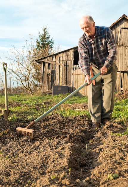 Bauer, der im Herbst mit einem Rechen im Garten arbeitet