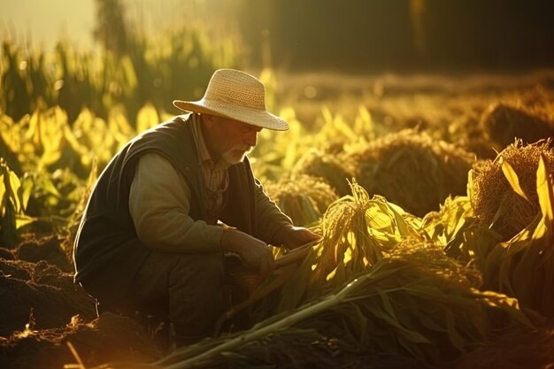 Foto bauer, der mais auf dem feld sammelt