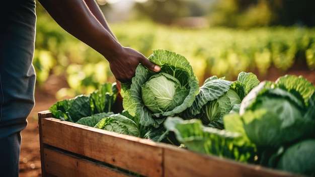 Bauer erntet Kohl vom Feld