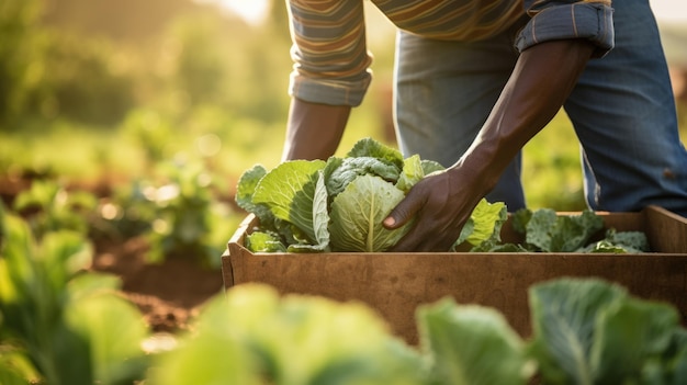 Bauer erntet Kohl vom Feld