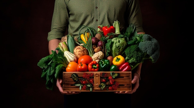 Bauer hält eine Kiste mit frischem Gemüse auf dunklem Hintergrund generativer KI