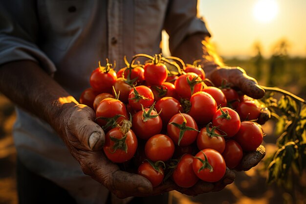 Foto bauer hält morgens frische tomaten in der hand. lebensmittel, gemüse, landwirtschaft