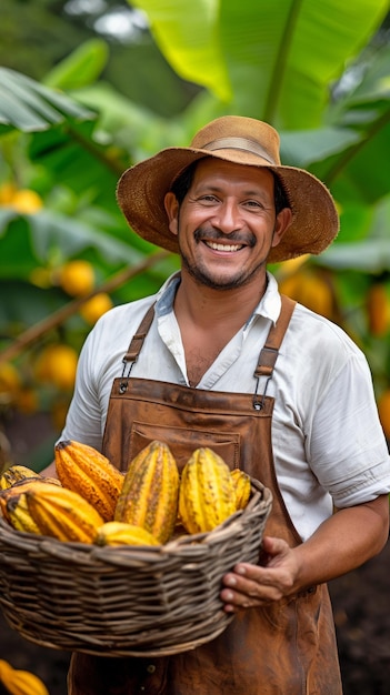 Bauer in der Kakao-Schokoladenpflanze, der üppige Kokosfrüchte oder Kokoskorbchen hält, lächelt und der Kamera gegenüber steht