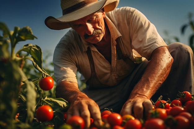 Bauer sammelt frische Tomaten im Garten. Öko-Produkte ernten generative KI