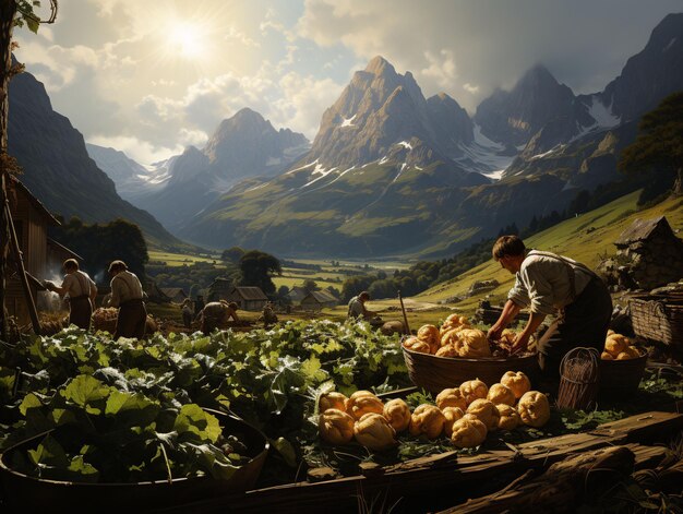 Bauern ernten Kartoffeln auf einem Feld mit Mountain View Generative AI