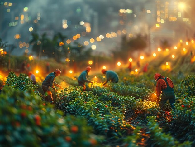 Bauern kümmern sich um ihre Ernte auf einem fruchtbaren Feld mit sanftem Sonnenaufgang, der sanften Unklarheit von Arbeitern und Land.