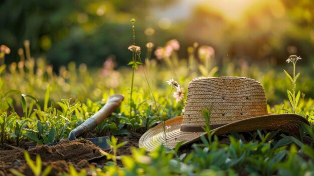 Bauern mit Hut und Schaufel auf einem üppig grünen Feld