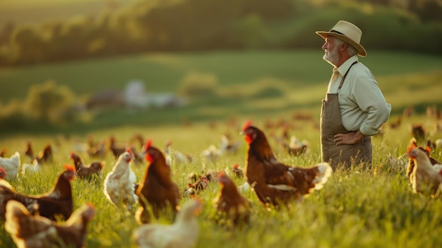 Bauern stehen inmitten eines belebten Feldes voller zufriedener Hühner, die ihre Hingabe an Landwirtschaft und Viehzucht verkörpern