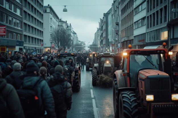 Bauern streiken gegen Traktoren Protest der Traktorfahrer auf den Straßen einer europäischen Stadt Rally