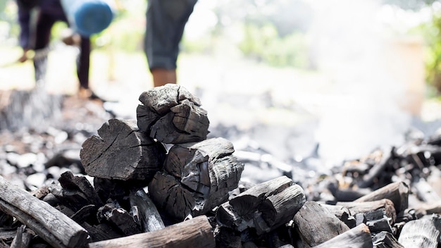 Bauern verbrennen Holzkohle aus Holz, das von der Farm abgeschnitten wurde