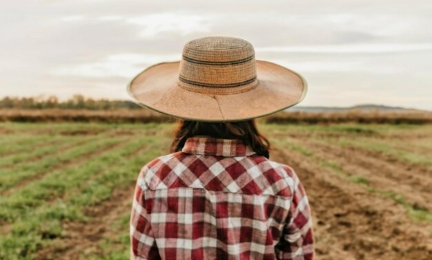 Bauernfrau, die einen Hut und ein rotes Plaid-Hemd trägt und auf ein Plantagenfeld schaut