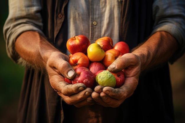 Bauernhände halten frisches Gemüse und Obst