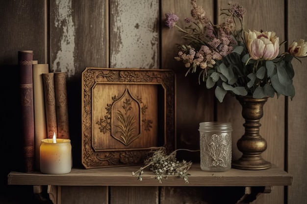 Bauernhaus-Inneneinrichtung aus einer vergangenen Zeit. Über einer Holzwand ein Vintage-Regal mit einem Buch, einer Kerze und Trockenblumen-Möbeln für das Zuhause