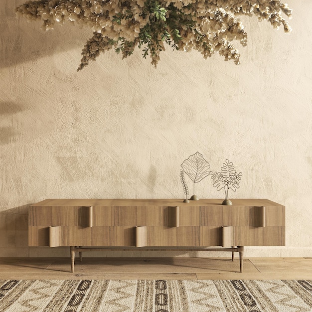 Bauernhaus-Interieur-Wohnzimmer-Mock-up mit natürlichen Holzmöbeln 3D-Darstellung