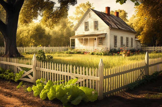 Bauernhaus mit Lattenzaun und Gemüsegarten im Hof