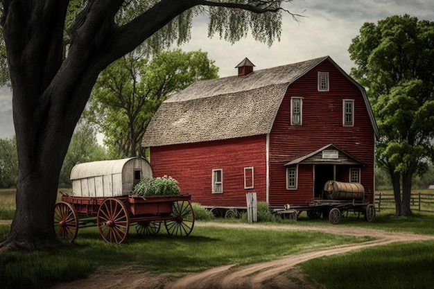 Bauernhaus mit roter Scheune und Planwagen im Hof