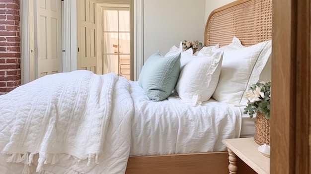 Bauernhaus-Schlafzimmer-Dekor, Innenarchitektur und Heimdekoration, Bett mit Bettwäsche und Möbeln im Landhausstil, englische Landhaus-Ferienvermietung und Inspiration im Cottage-Stil