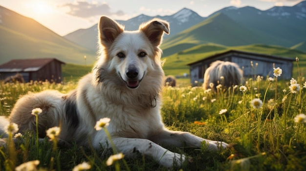 Bauernhund-Hirten mit Bergwiesen im Hintergrund