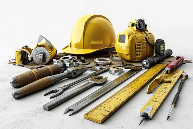 Baufertigungswerkzeuge mit gelbem Schutzhelm und Illustrationshintergrund für Arbeitstagearbeiter