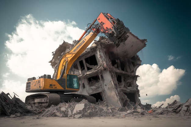 Bauhaus Abbruchbaustelle Bagger mit hydraulischer Crasher-Maschine und gelbem Container