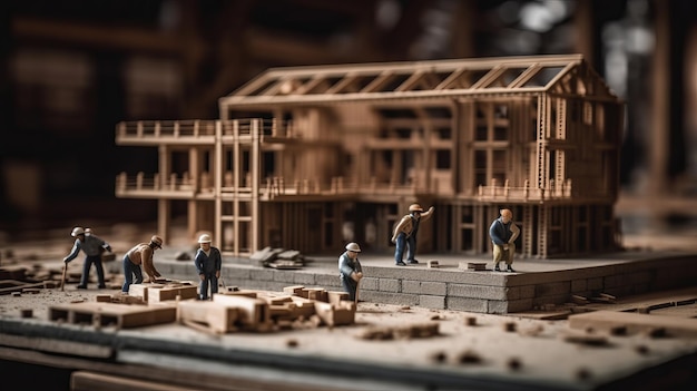 Bauhaus-Holzlayout-Miniatur auf Bauplänen mit Arbeiterkonstrukt Al generiert