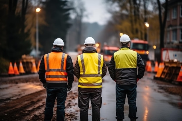 Bauherren und Vermesser mit Maschinen und Warnschildern während des Straßenbaus