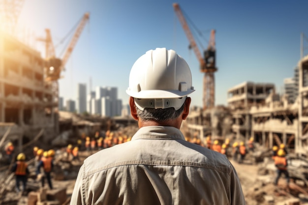 Bauingenieur hält harten Hut Hintergrund von Betonmischer und Zementpumpe
