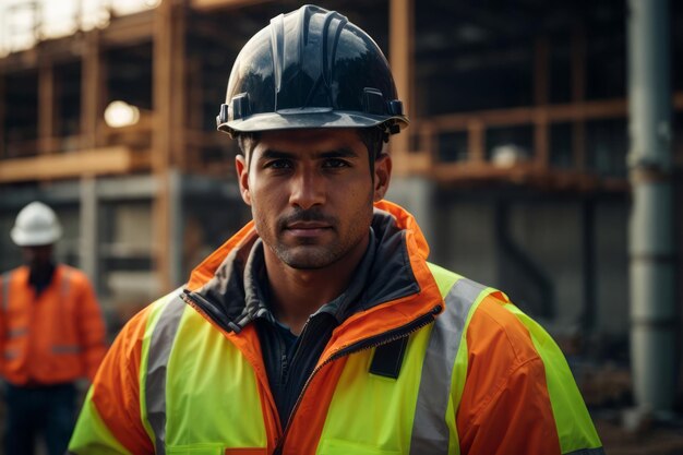 Bauingenieur in Sicherheitsanzug, Sicherheitsmütze und Sicherheitsgeräten auf der Baustelle