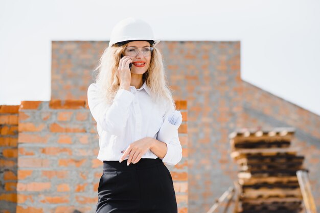 Bauingenieur. Mädchen mit Baudokumentation. Eine Frau in einem weißen Schutzhelm gegen das Dach eines Gebäudes. Bau eines neuen Hauses.