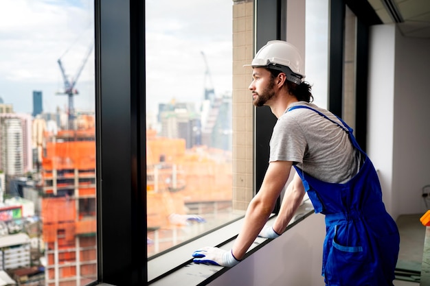 Bauingenieur oder Vorarbeiter, der die Baustelle überprüft