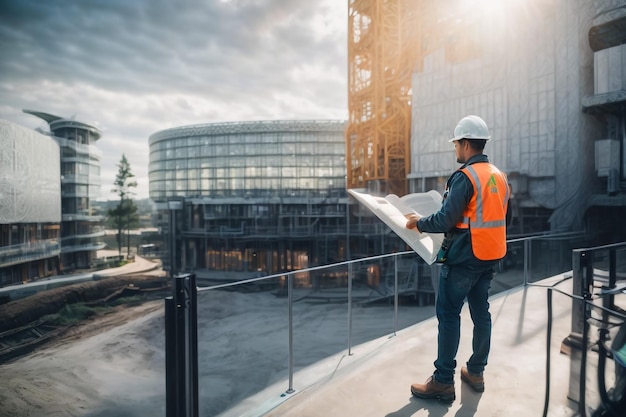 Bauingenieur und Architekt, die mit Plänen arbeiten, diskutieren auf der Baustelle im Freien