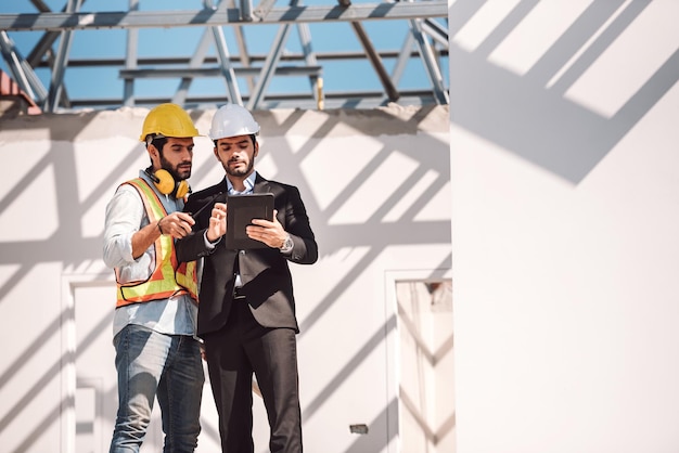 Bauingenieur und Bauarbeiter-Manager mit digitalem Tablet und Blaupausen, die über das Konzept der Zusammenarbeit auf Baustellen sprechen und planen