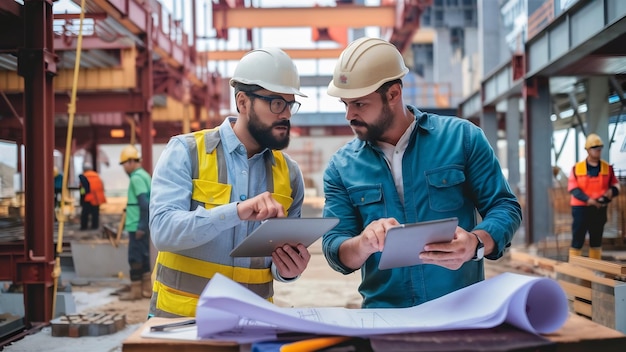 Bauingenieur und Bauarbeiter-Manager mit digitaler Tablette und Bauplänen sprechen und pl